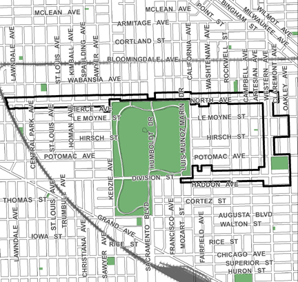 Humboldt Park Commercial TIF district, roughly bounded on the north by North Avenue, Division Street on the south, Oakley Avenue on the east, and Lawndale Avenue on the west.